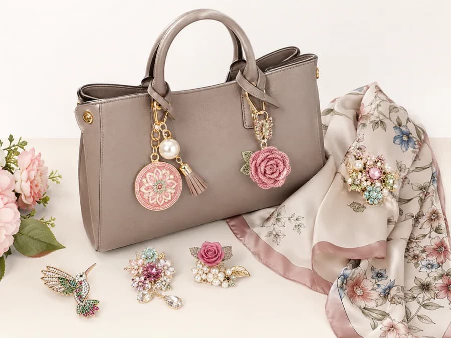 Bag charm and brooch styling set with handbag, scarf, and floral accessories