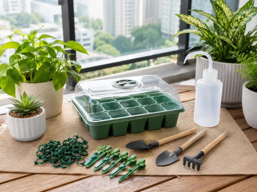 Balcony plant care starter kit with seedling tray, plant clips, watering bottle, and garden tools