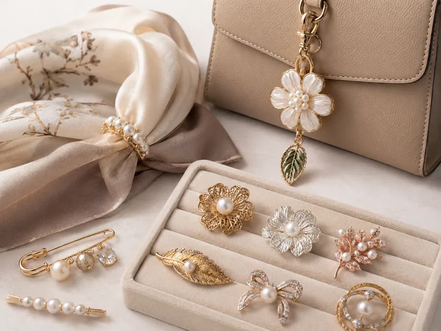 Brooch and bag charm styling set with handbag, scarf, and jewelry tray for fashion accessory sourcing