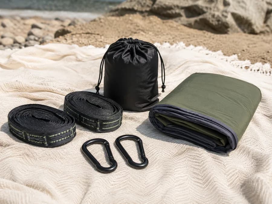 Compact hammock strap kit with carabiners, folded hammock, and carry pouch for summer outdoor dropshipping