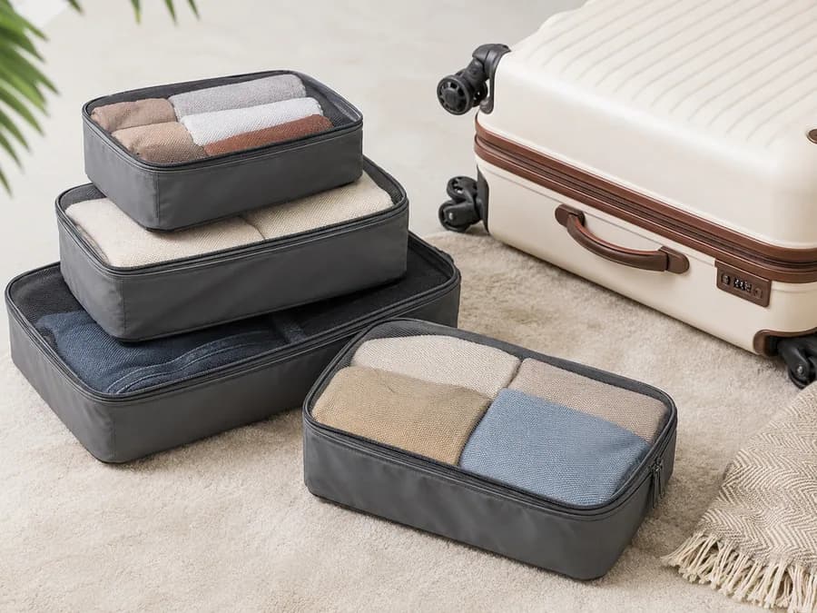 Compression packing cube set with carry-on suitcase and folded travel clothes