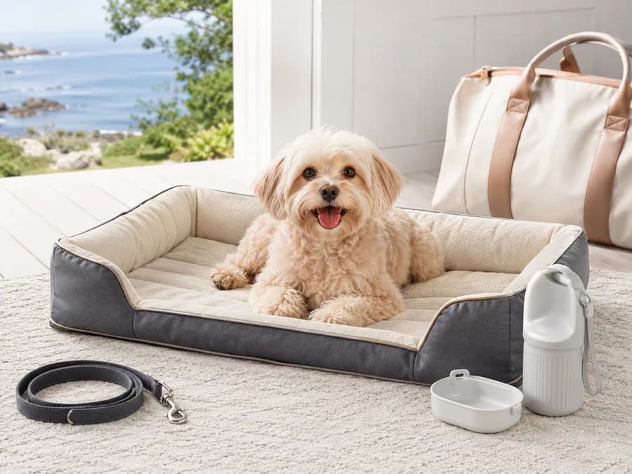 Foldable pet travel bed with dog, water bottle, and weekend travel bag