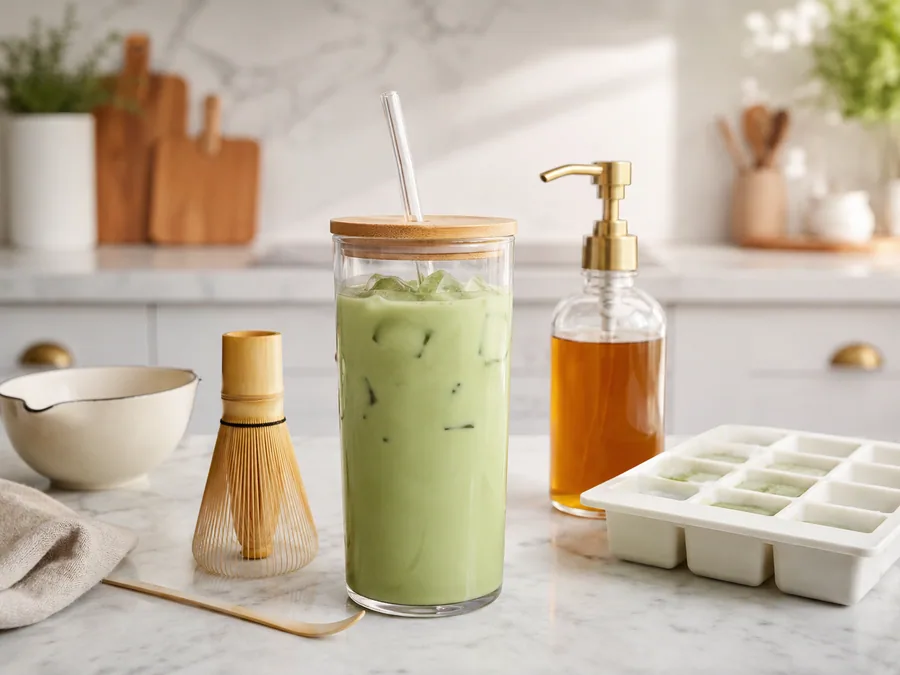 Iced matcha and summer drink kit with tumbler, whisk, syrup pump, and ice mold
