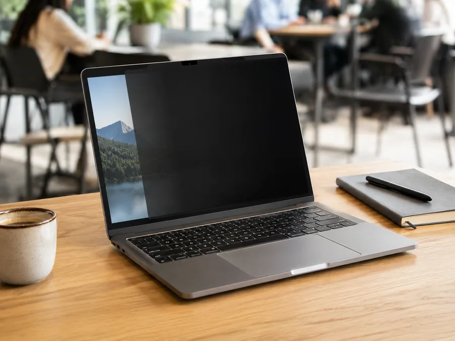 Laptop privacy screen filter on a coworking desk for work-from-anywhere product research