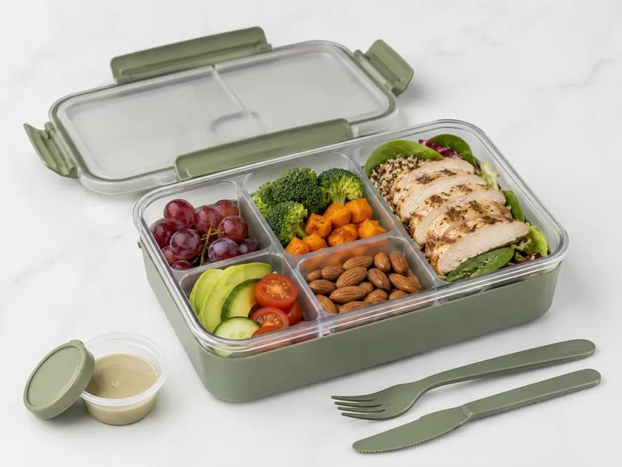 Leakproof bento meal prep container with compartments, cutlery, sauce cup, and packed lunch for ecommerce product sourcing