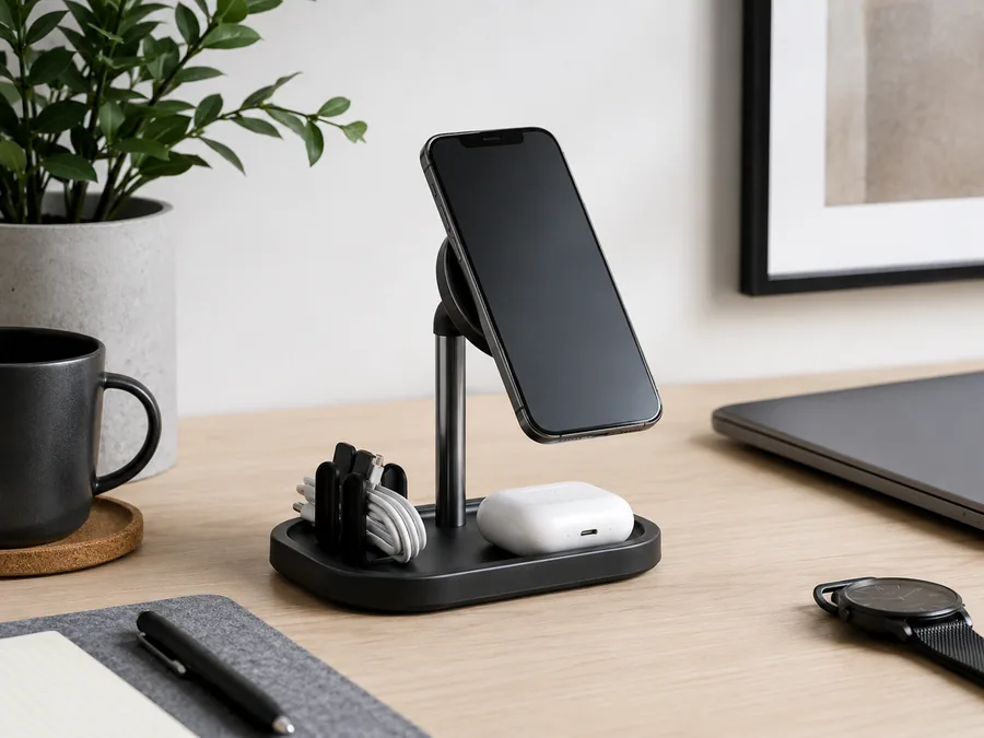 Magnetic phone stand and charging tray on a modern desk with phone, earbuds, and cable organizer
