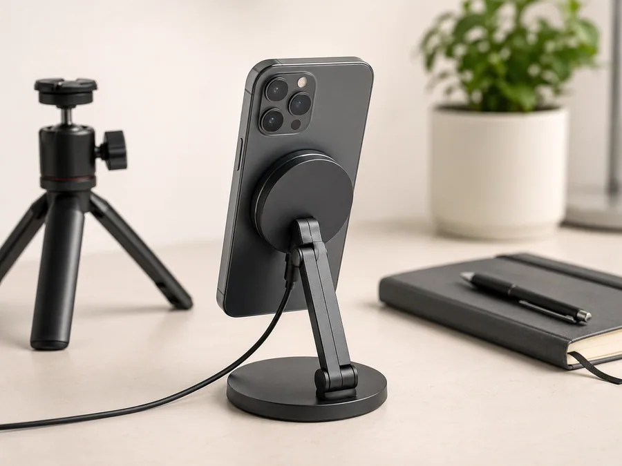 Magnetic phone stand for creator setup with tripod, phone, and desk accessories