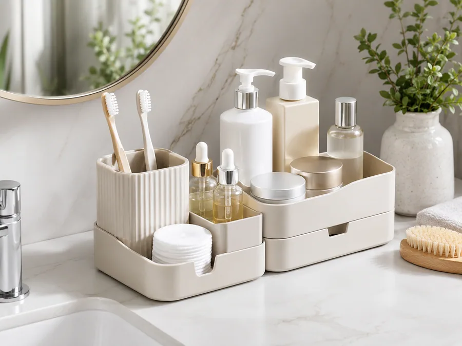 Modular bathroom counter organizer with refill bottles, toothbrush holder, and skincare storage
