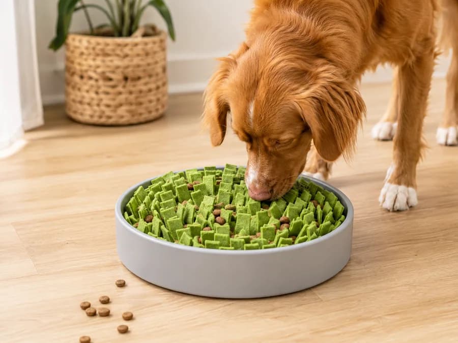 Pet enrichment slow feeder bowl with dog using the feeder for pet product sourcing