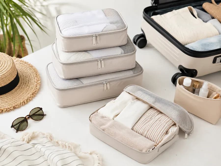 Summer compression packing cube set with carry-on suitcase, folded clothes, and travel organizer pouch