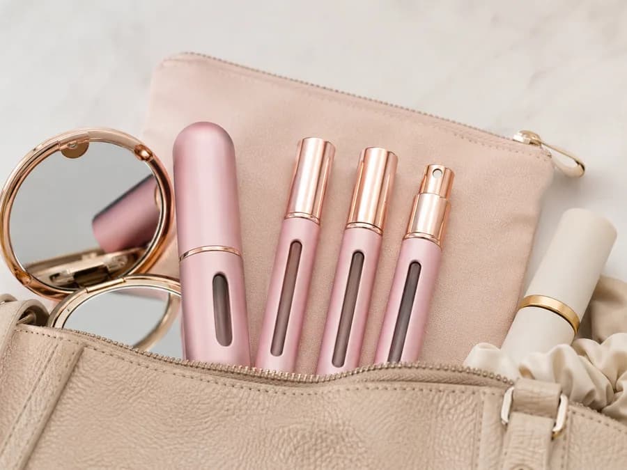 Travel fragrance atomizer set in cosmetic bag for scent stacking accessory sourcing