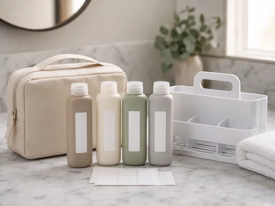 Travel refill bottle and bathroom reset kit with toiletry case and organizer bottles