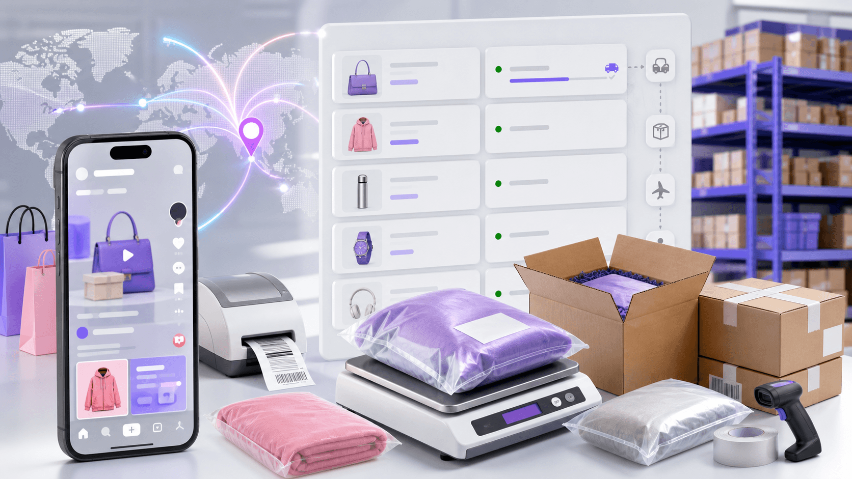 TikTok Shop fulfillment from China guide banner showing social commerce orders, apparel packing, warehouse shelves, order dashboard, and tracked shipping