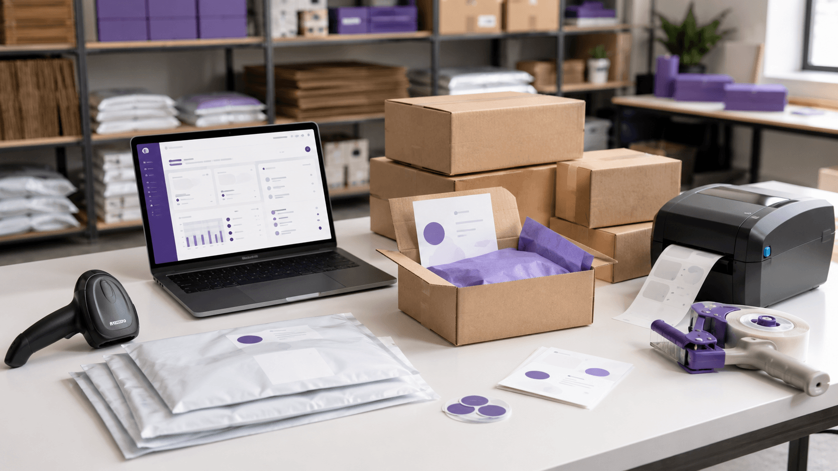 Shipment tracking workstation with laptop, label printer, parcels, and prepared ecommerce orders