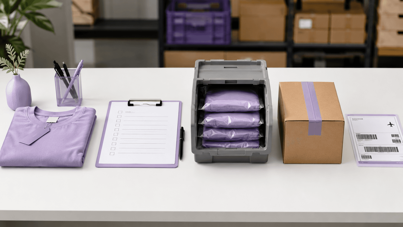 TikTok Shop fulfillment from China workstation with order packing, apparel, branded mailers, and tracked ecommerce shipping