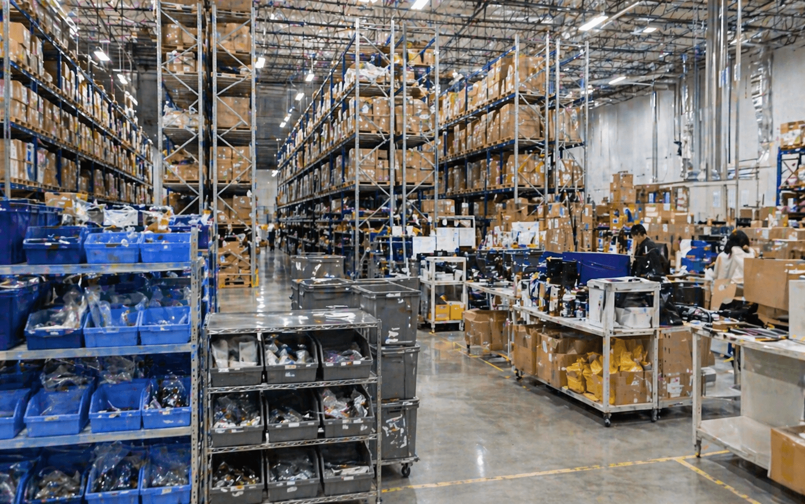 Warehouse operations with organized shelves and inventory storage