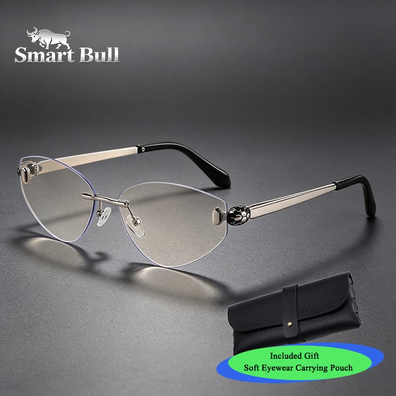 Smart Bull Retro Cat-Eye Frameless Sunglasses For Luxury Casual Look With Snake Head Accessories. Perfect For Outdoor Street Photography. Comes With A Portable Leather Wallet.
