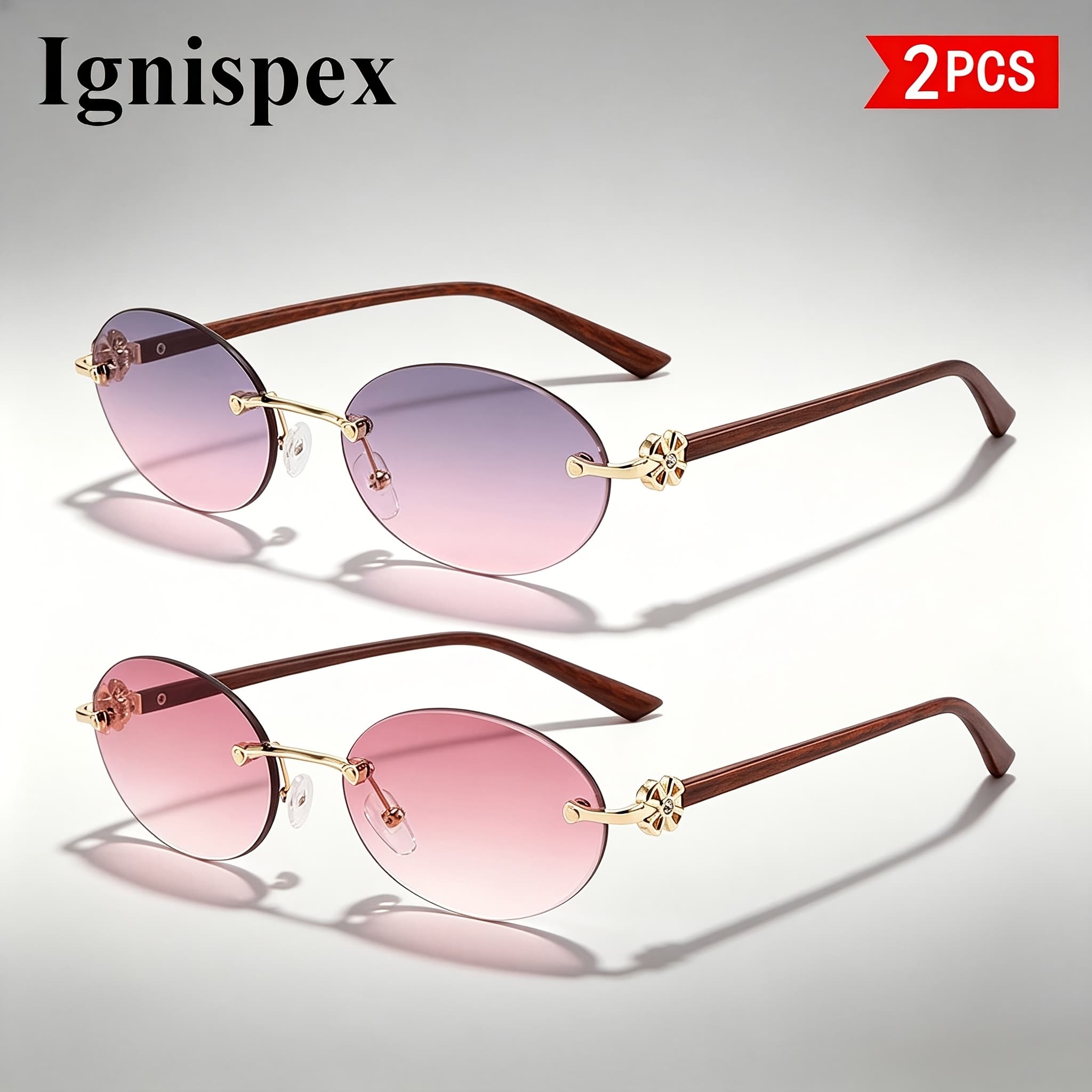 2 Pcs Rimless Oval Sunglasses For Women Uv400 Protective Gradient Lens Eyewear Delicate Flower Metal Decor Wooden Texture Temple Suitable For Beach Travel Party And Daily Fashion Matching.