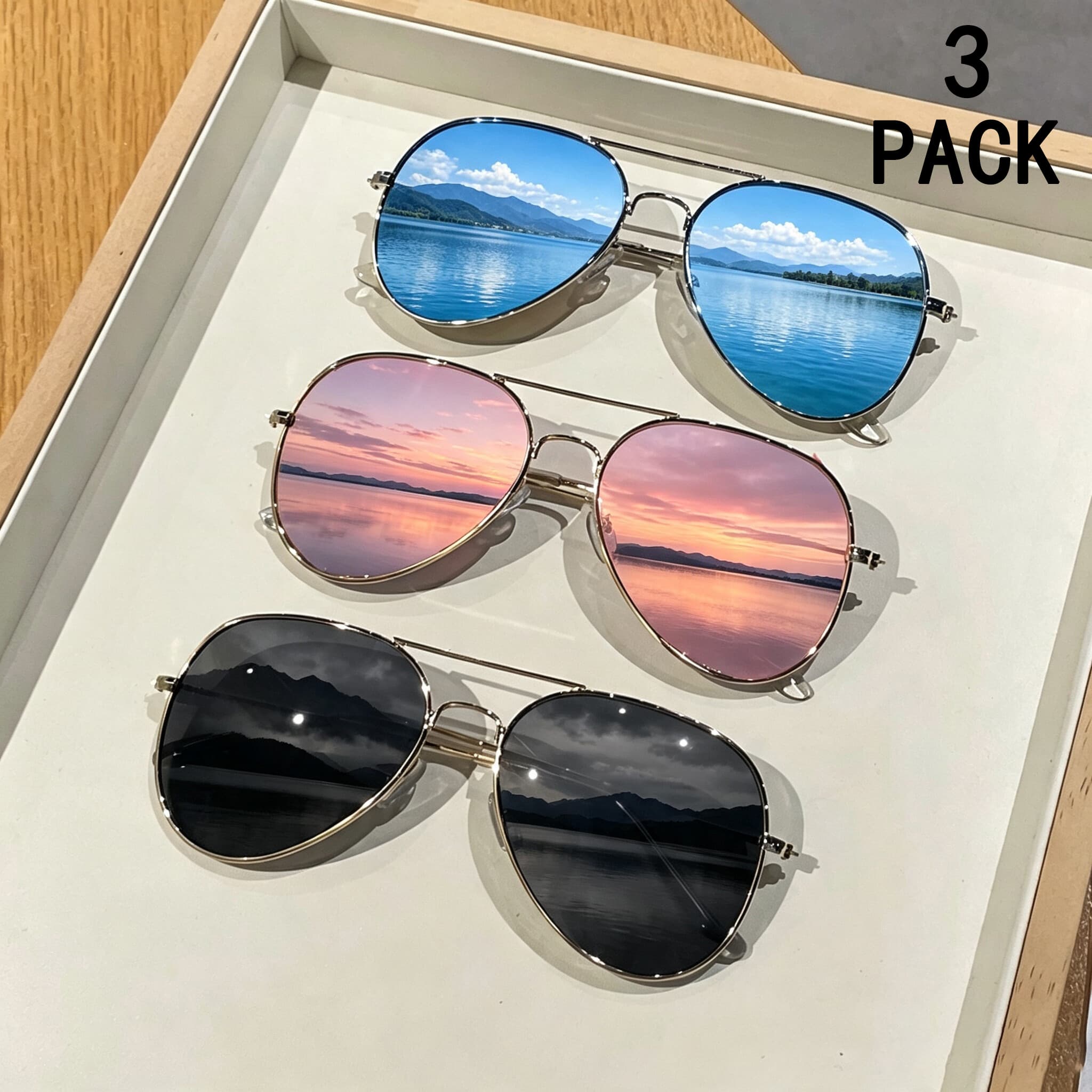 3 Pairs Of Classic Aviator Sunglasses - Suitable For Both Men And Women. Metal Frame Toad-shaped Sunglasses. Retro Trend Sun Protection Sunglasses. Multi-color Combination Set For Outdoor Activities A