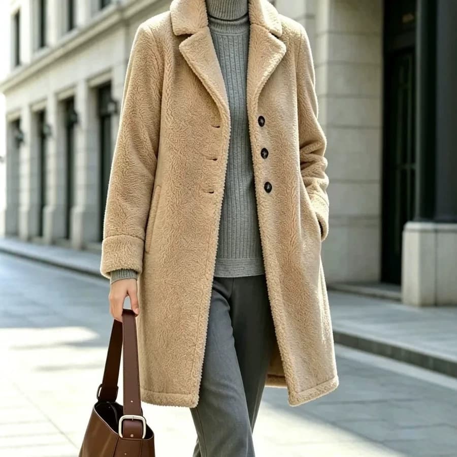 Bear Mid-length Autumn And Winter Coat Lapel Button Mid-length Coat