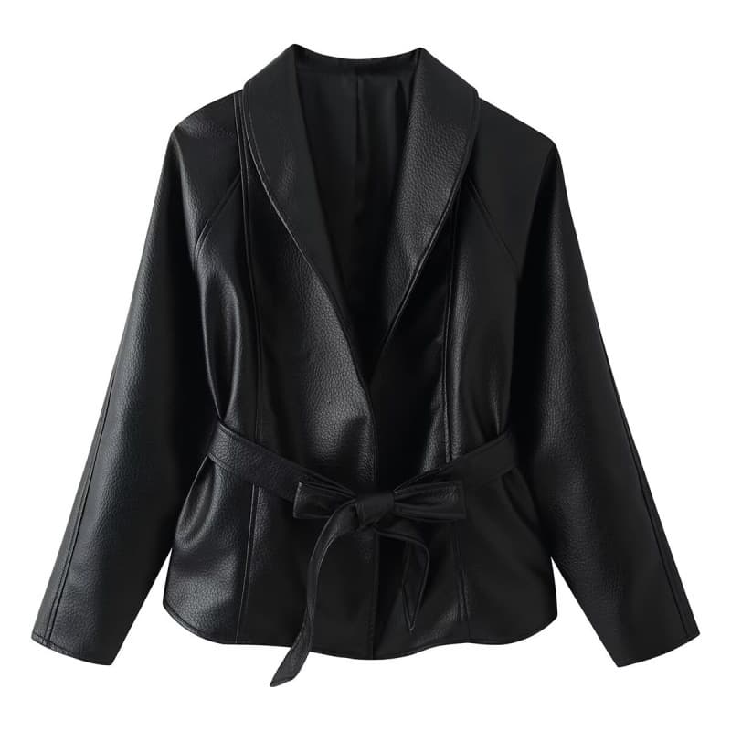 Lace-up PU Leather Jacket For Women Short Leather Jacket With Tie-up Design