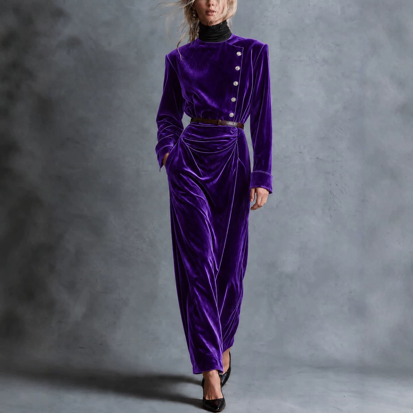 New Autumnwinter Asymmetrical Button-front Off-shoulder Wrap Long-sleeve Dress