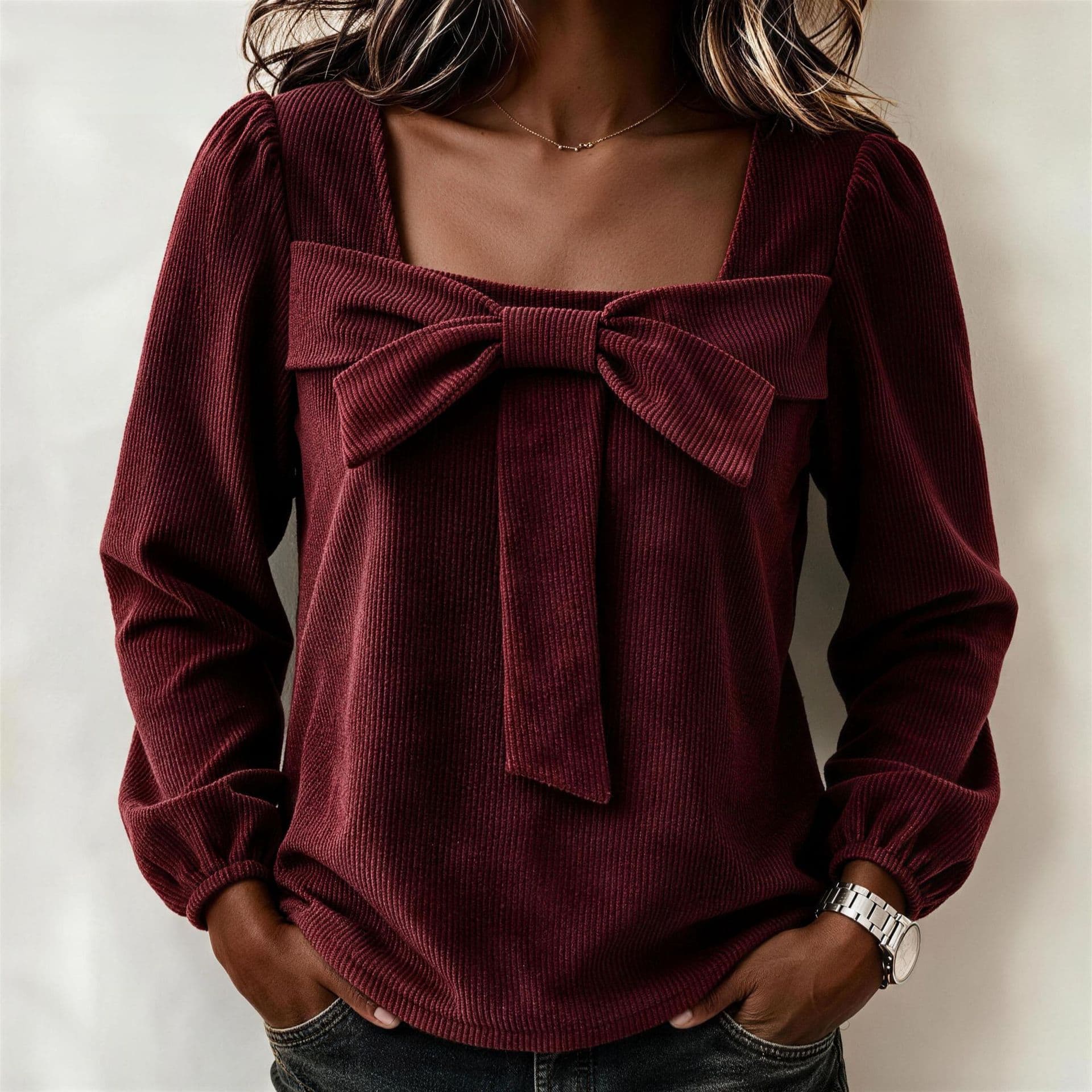 Fashionable Corduroy Top With A V-neck And Long Sleeves