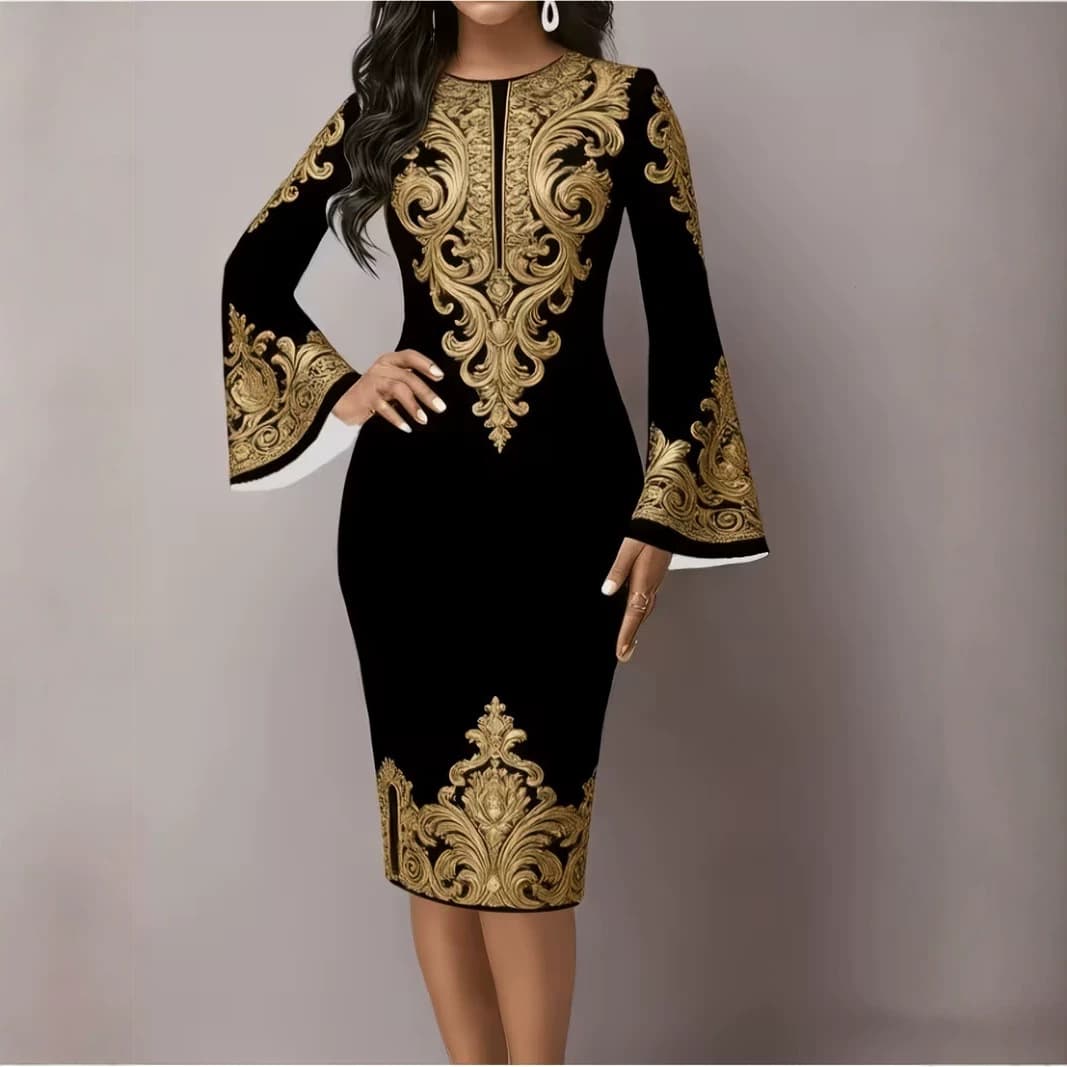 Round-neck Bell-sleeve Sheath Dress For Women