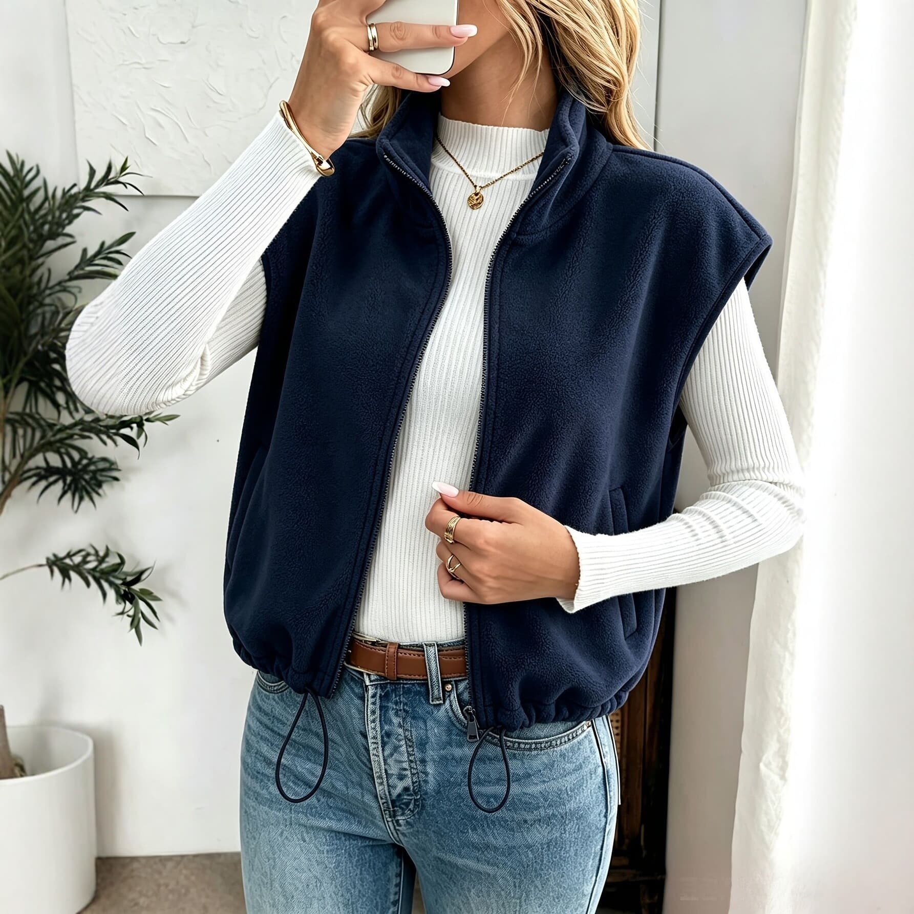 Women's Stand-up Collar Zip-up Fleece Vest