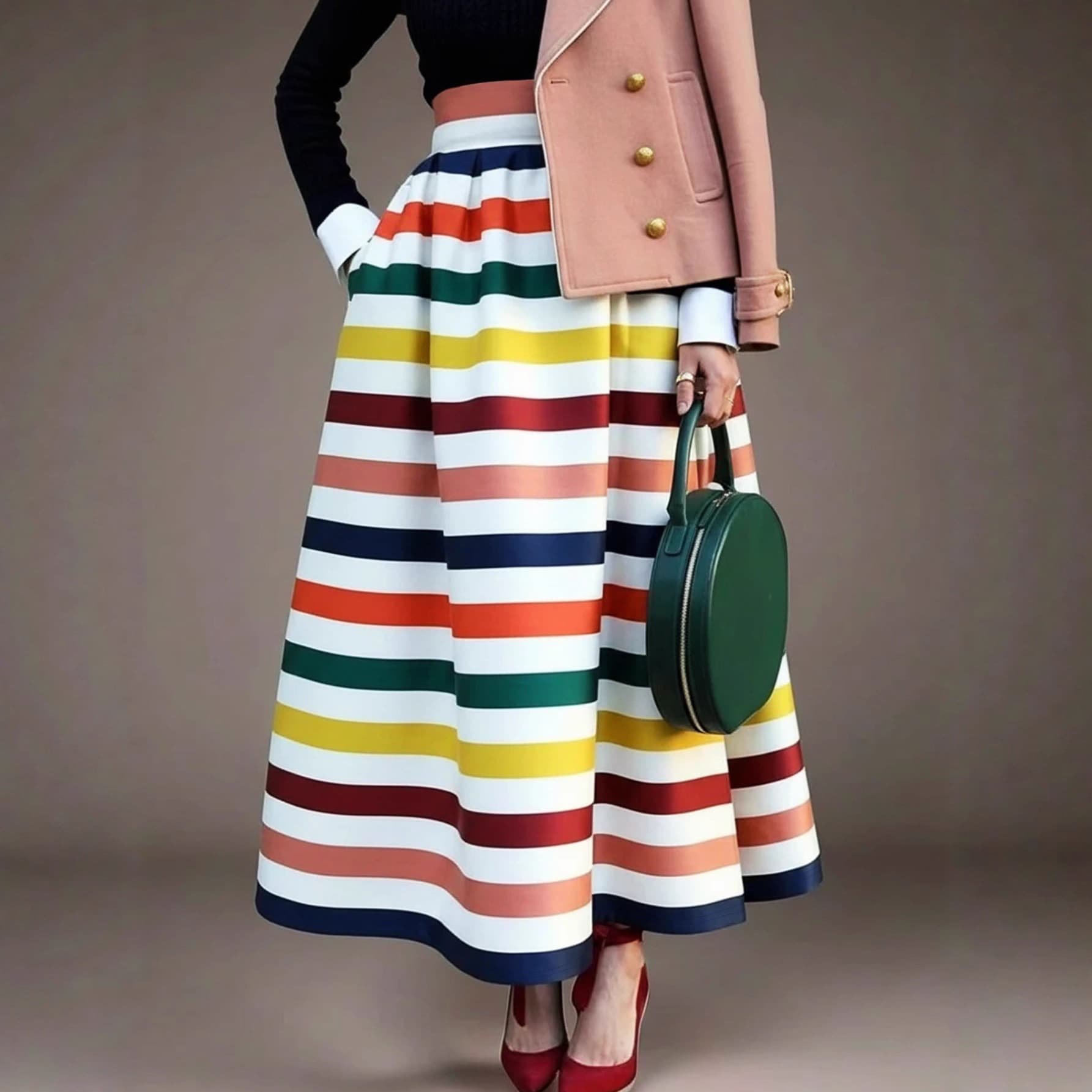 Striped Casual Loose-fitting A-line Maxi Skirt