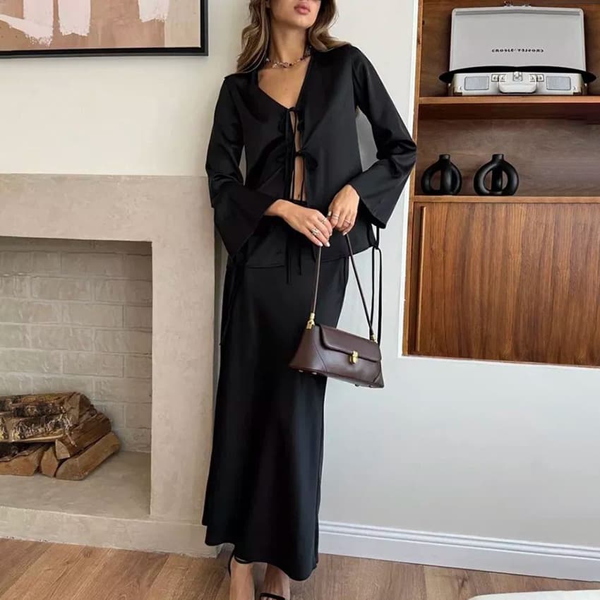 V-neck Tied Top And Long Skirt Two-piece Set