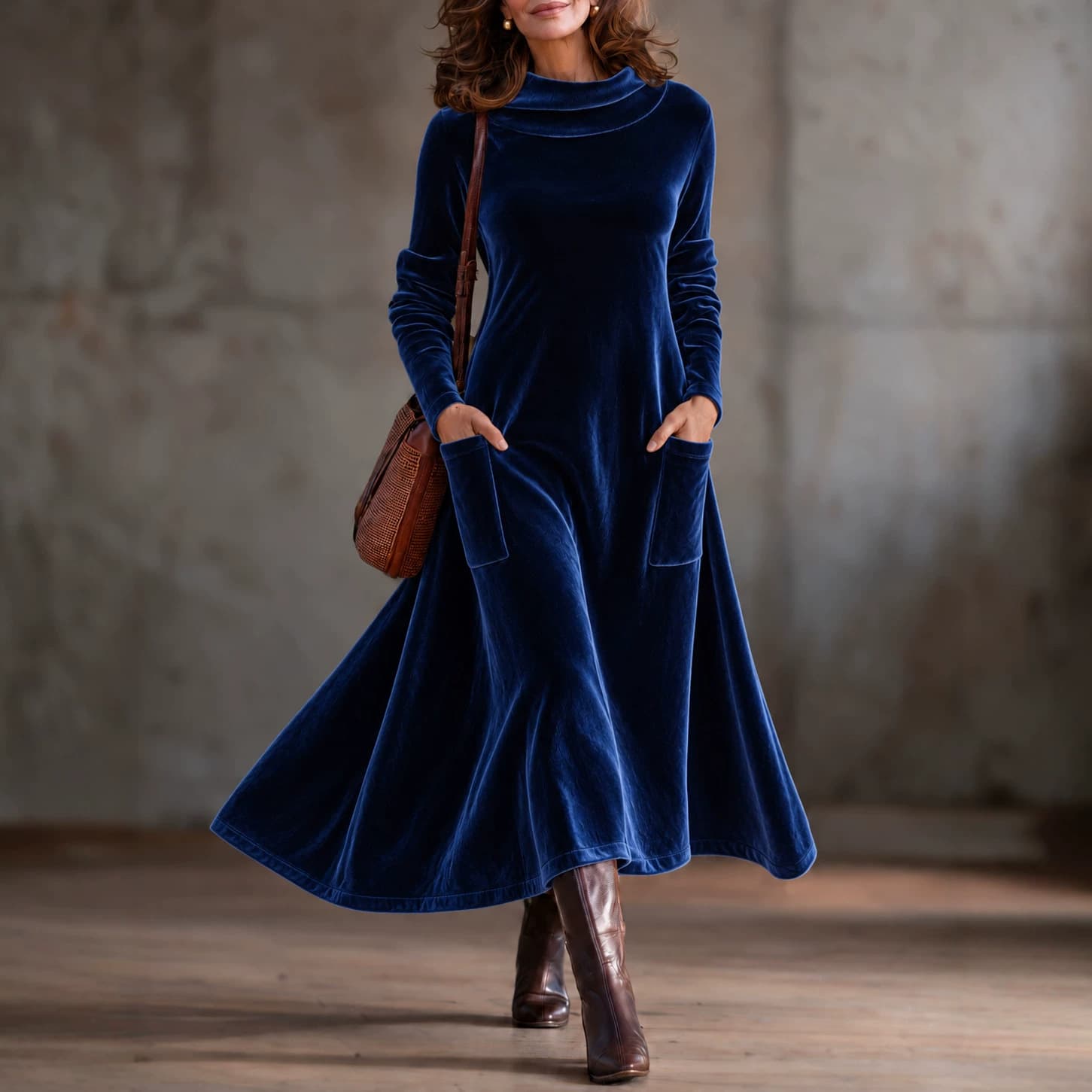 New AutumnWinter Womens Gold Velvet High-Neck Long-Sleeve Pocketed Maxi Dress
