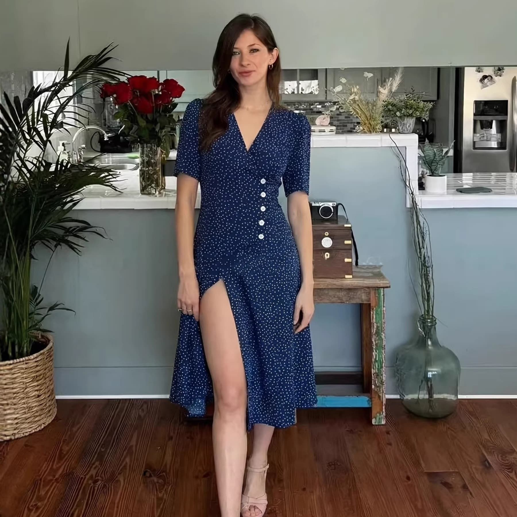 Vintage V-neck Polka-dot Dress For Women