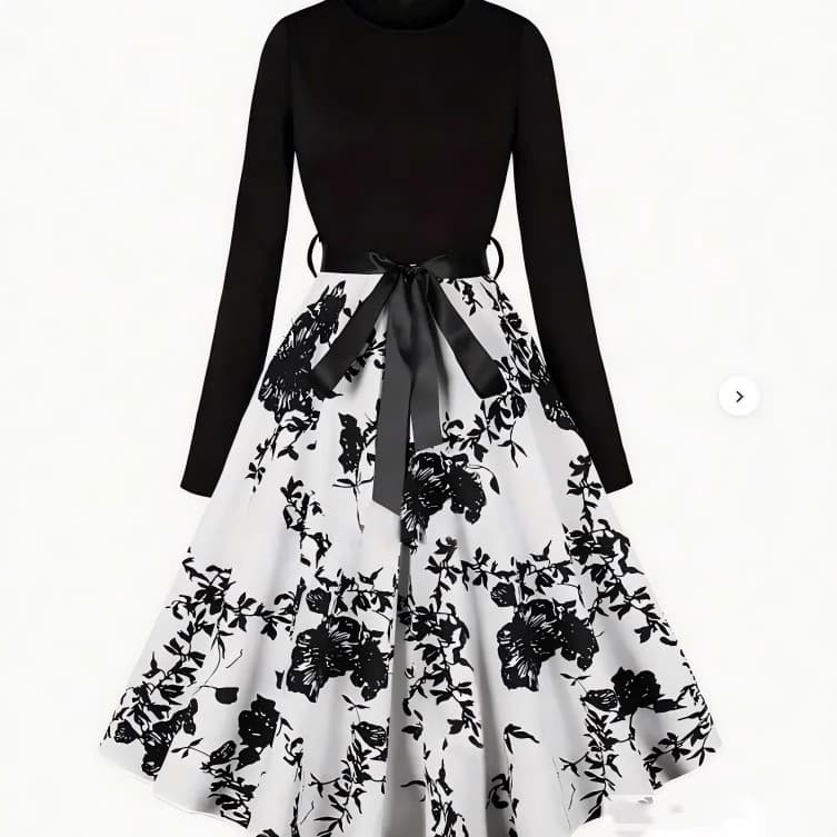 Women's Stretchy Retro Printed Long-Sleeve Crew-Neck Dress