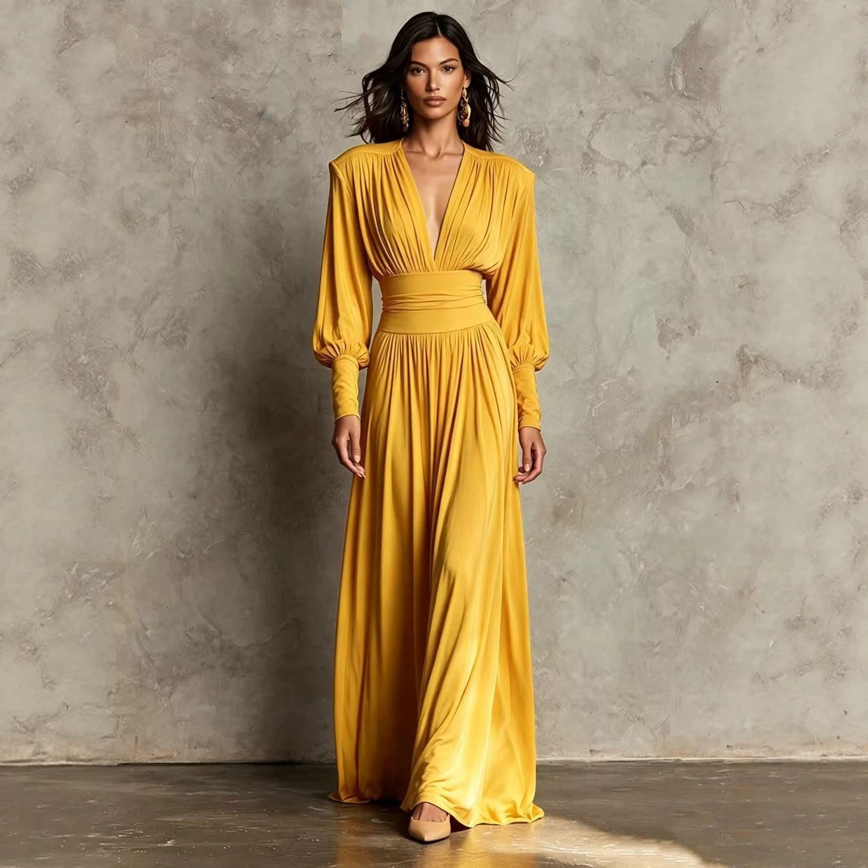 Women's French-style Vintage V-neck Waist-cinching Dress With A Designer Touch