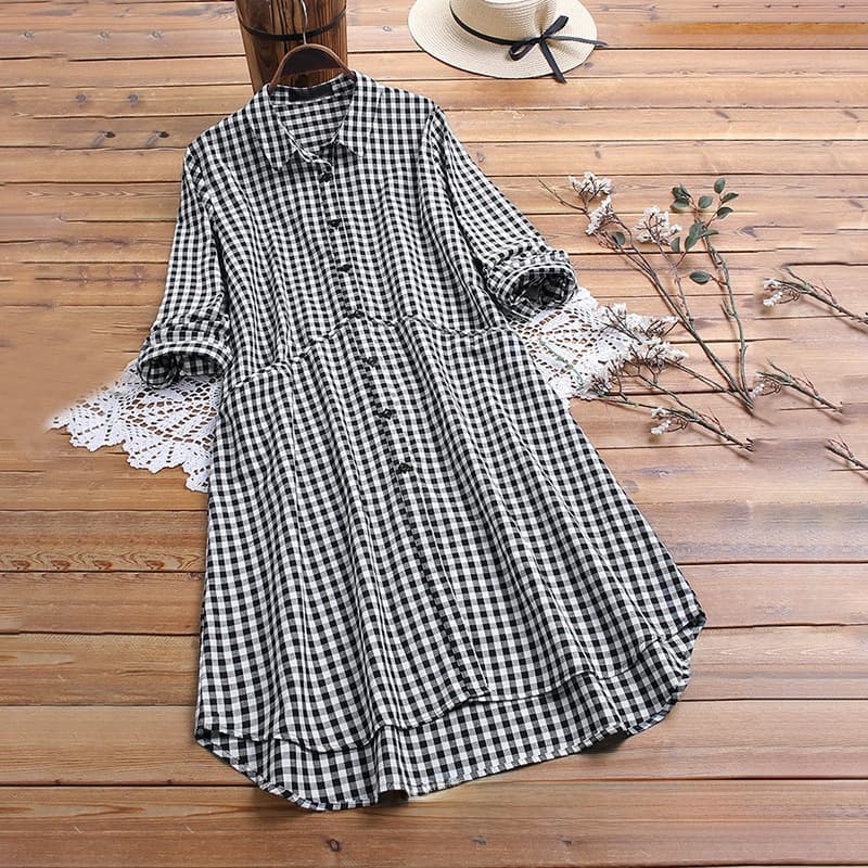 Womens Single-breasted Loose-fitting Long Plaid Shirt