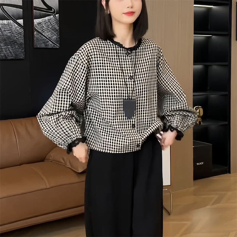 Womens Patchwork Plaid Lace Long-Sleeve Shirt