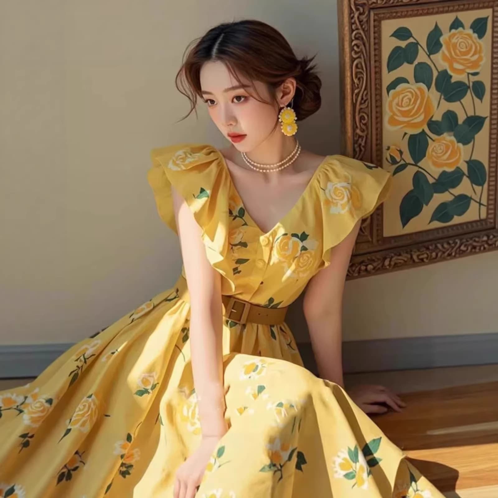 Yellow Rose-Print Petite-Sleeve Dress For Women