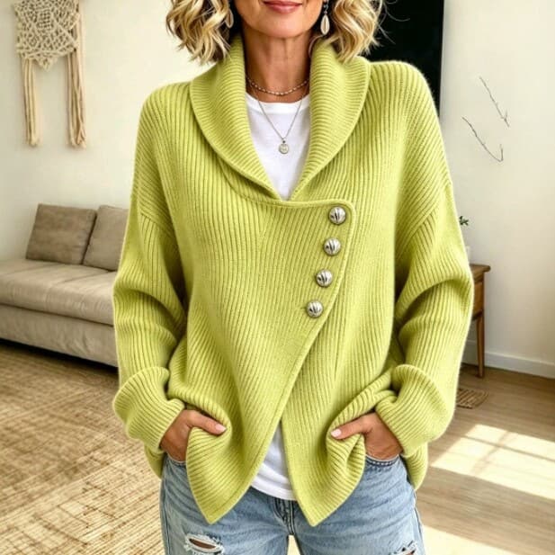 Women's Relaxed-Style Loose Scarf-Neck Casual Elegant Age-Defying Slanted-Open Front Knitted Sweater