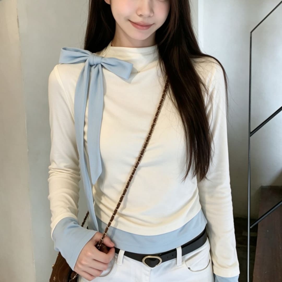 Light Blue Long-sleeved Blouse With A Bow For Women