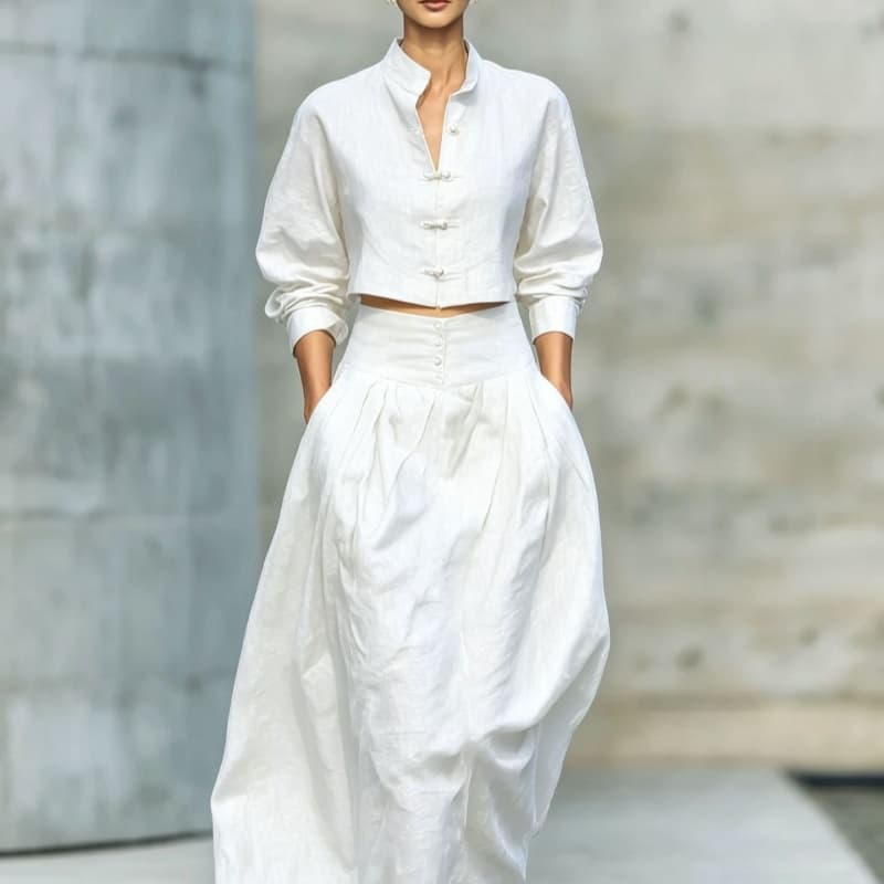 Fashionable Stand-Collar Cropped Shirt And Skirt Solid-Color Cotton-Linen Set