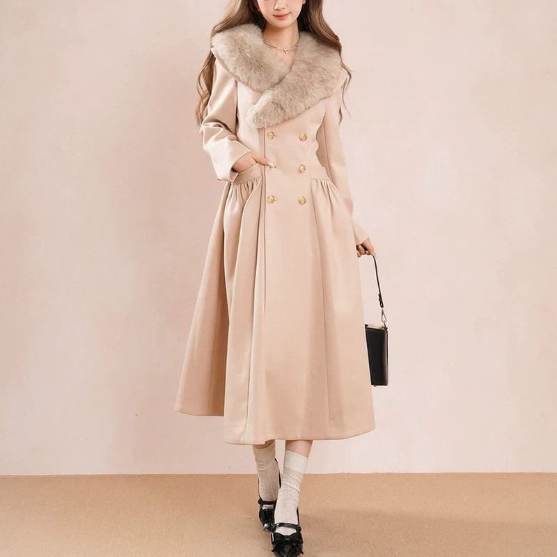 Thickened Qianjin Leather Collar Double-Button Tweed Coat