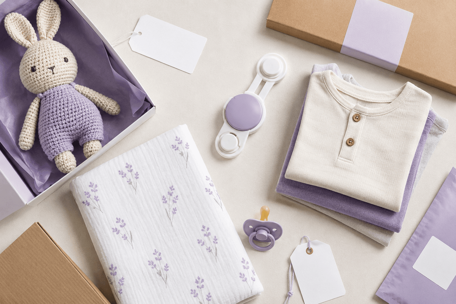 Baby & Kids sourcing products Baby and kids sourcing flat lay with plush toy, baby apparel, nursery accessories, and packaging