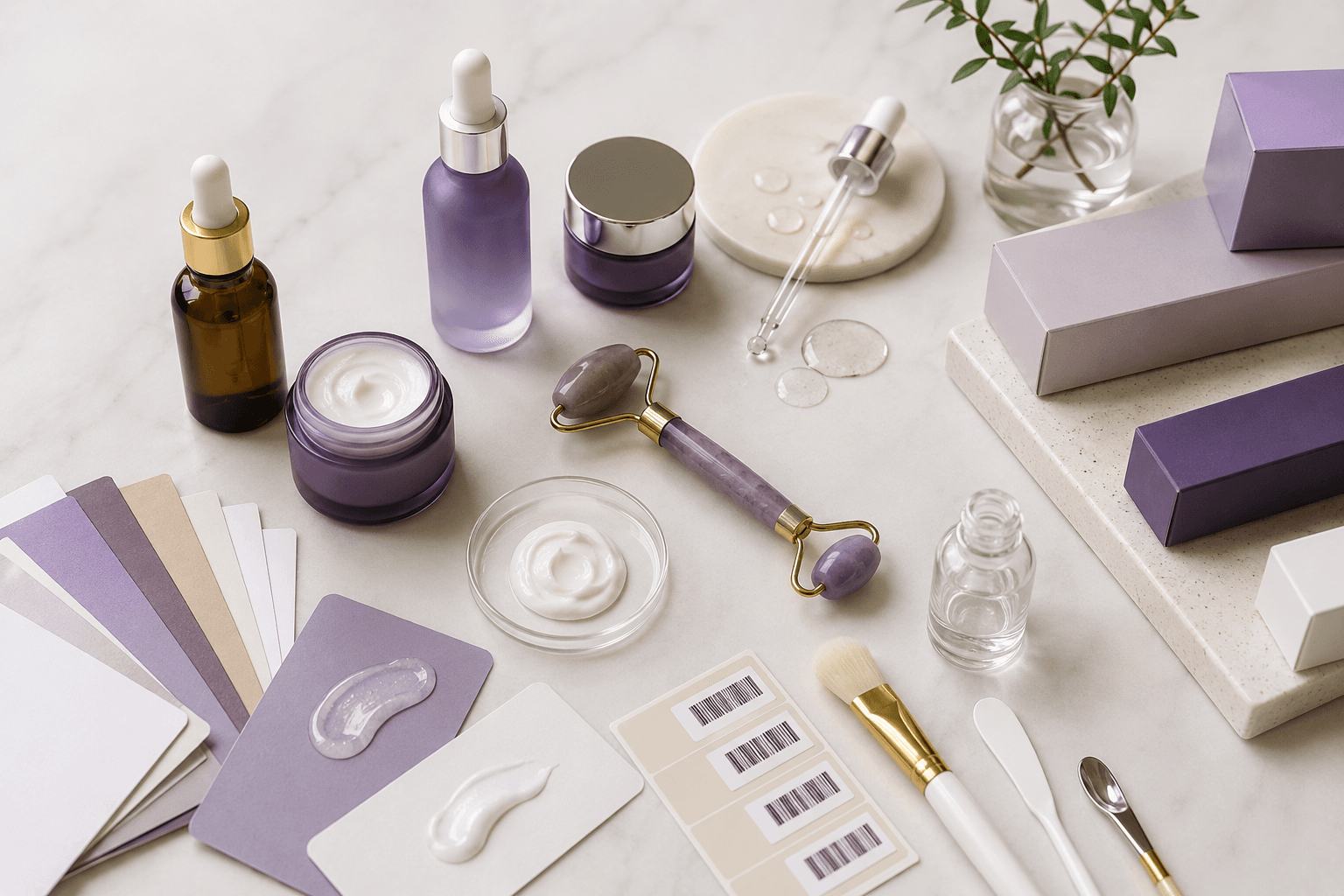 Beauty & Skincare sourcing products Beauty and skincare sourcing flat lay with cosmetic bottles, jars, tools, and packaging samples