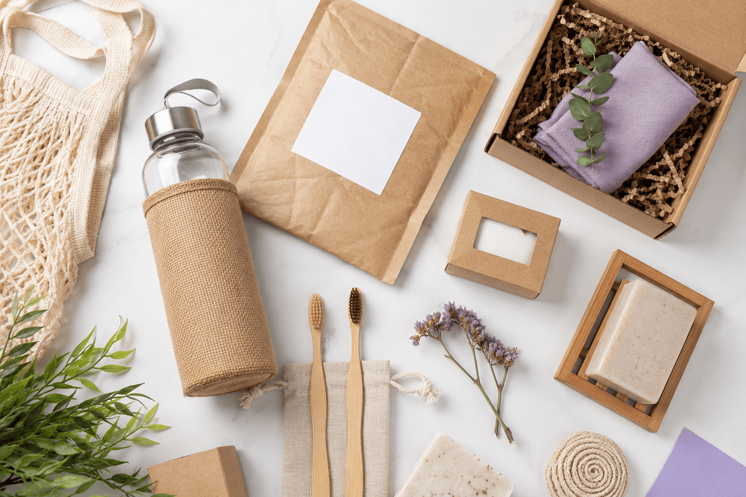 Eco & Sustainable sourcing products Eco and sustainable product sourcing flat lay with bamboo, reusable packaging, natural materials, and inserts