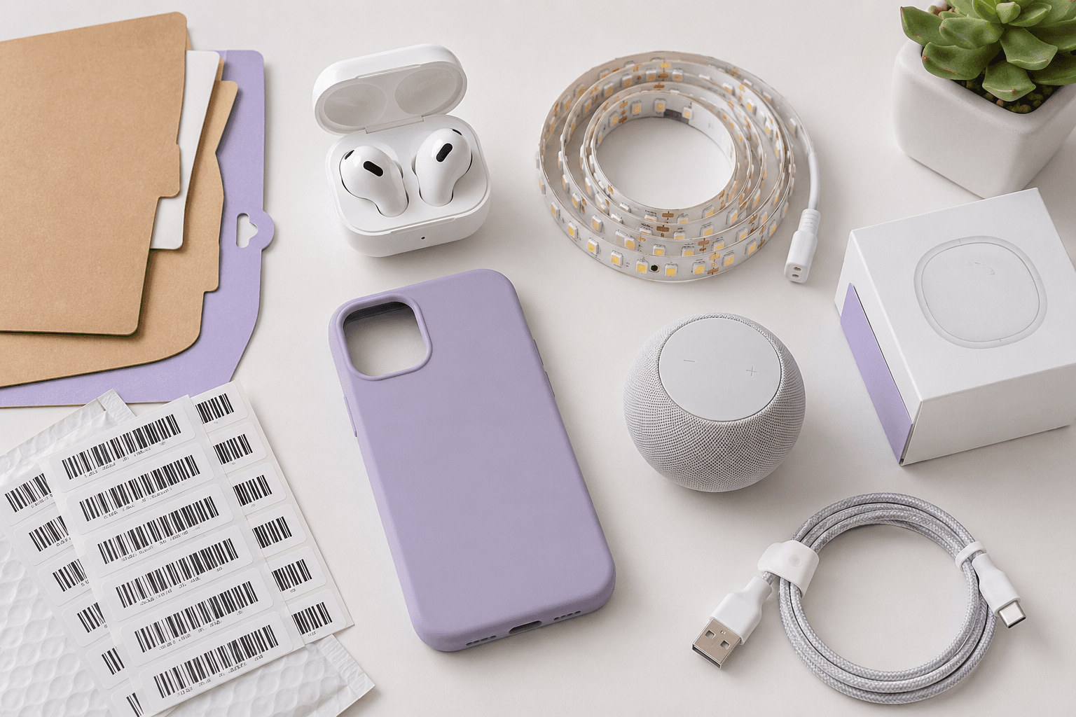 Electronics & Gadgets sourcing products Electronics and gadgets sourcing flat lay with earbuds, phone accessories, cables, and product notes