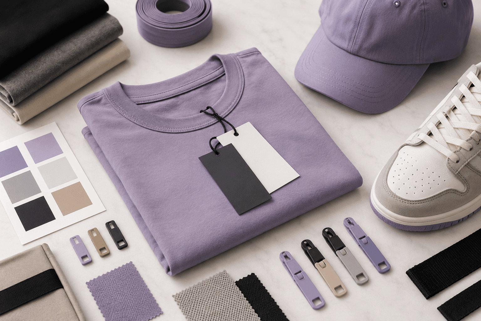 Fashion & Apparel sourcing products Fashion and apparel sourcing flat lay with purple garment, cap, shoes, trims, and color swatches