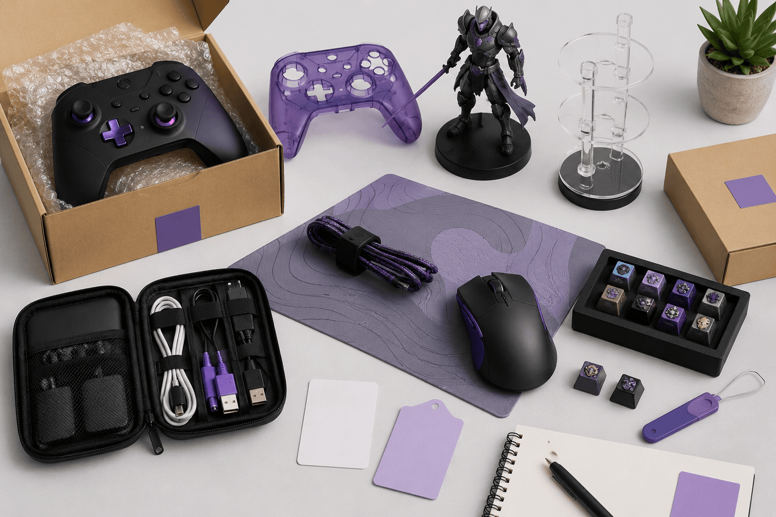 Gaming & Hobby sourcing products Gaming and hobby sourcing flat lay with controllers, miniatures, accessories, and collectible packaging