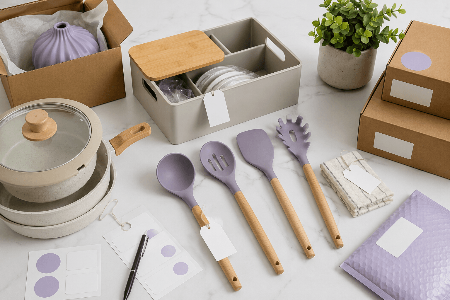 Home & Kitchen sourcing products Home and kitchen sourcing flat lay with cookware, utensils, organizers, samples, and packaging