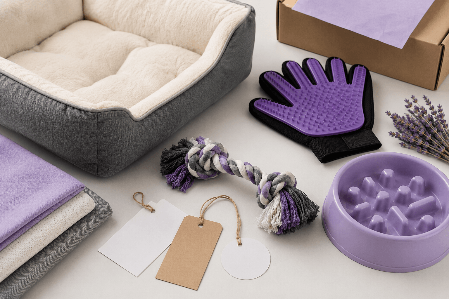 Pet Supplies sourcing products Pet supplies sourcing flat lay with pet bed, grooming glove, toys, rope leashes, and packaging